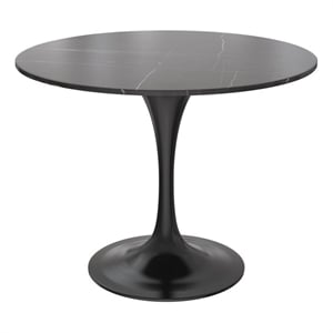 LeisureMod Verve 36&quot Round Dining Table Stone Top and Black Steel Base Black