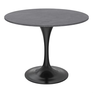 LeisureMod Verve 36&quot Round Dining Table Stone Top and Black Steel Base Gray