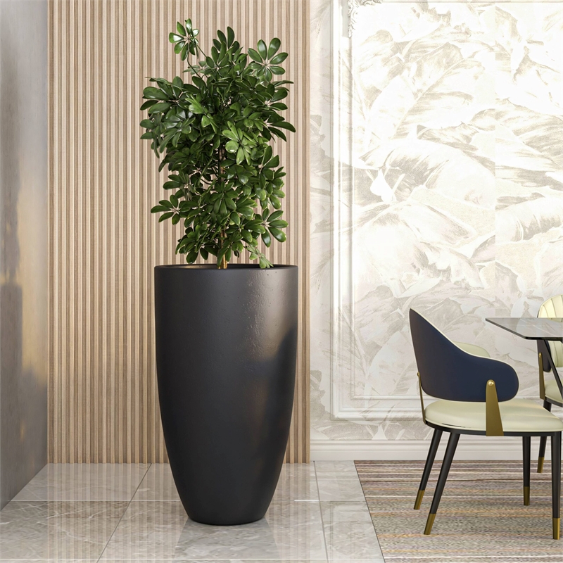 LeisureMod Crete Fiberstone Tapered Round Planter 39 Inch Height in Black