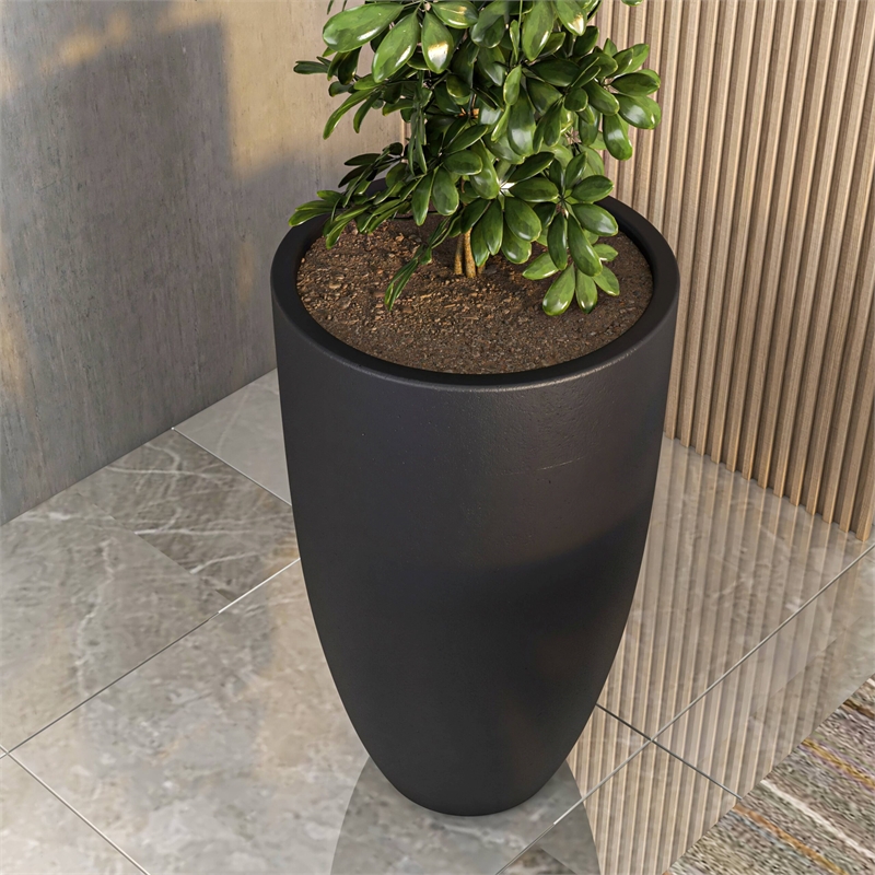 LeisureMod Crete Fiberstone Tapered Round Planter 39 Inch Height in Black