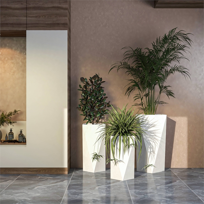 LeisureMod Aloe 3-Piece Tapered Square Fiberstone and Clay Planter Set in White