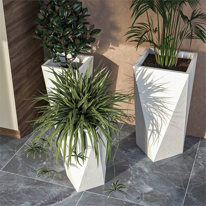 LeisureMod Aloe 3-Piece Tapered Square Fiberstone and Clay Planter Set in White