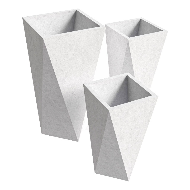 LeisureMod Aloe 3-Piece Tapered Square Fiberstone and Clay Planter Set in White