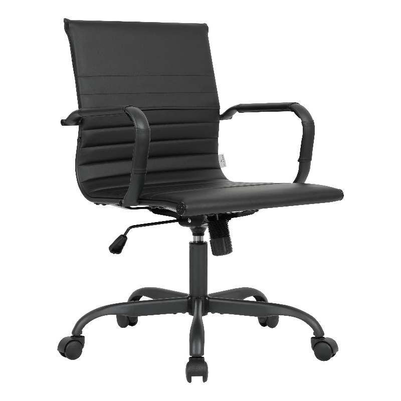 LeisureMod Harris Leather Office Swivel Chair with Iron Frame in Black