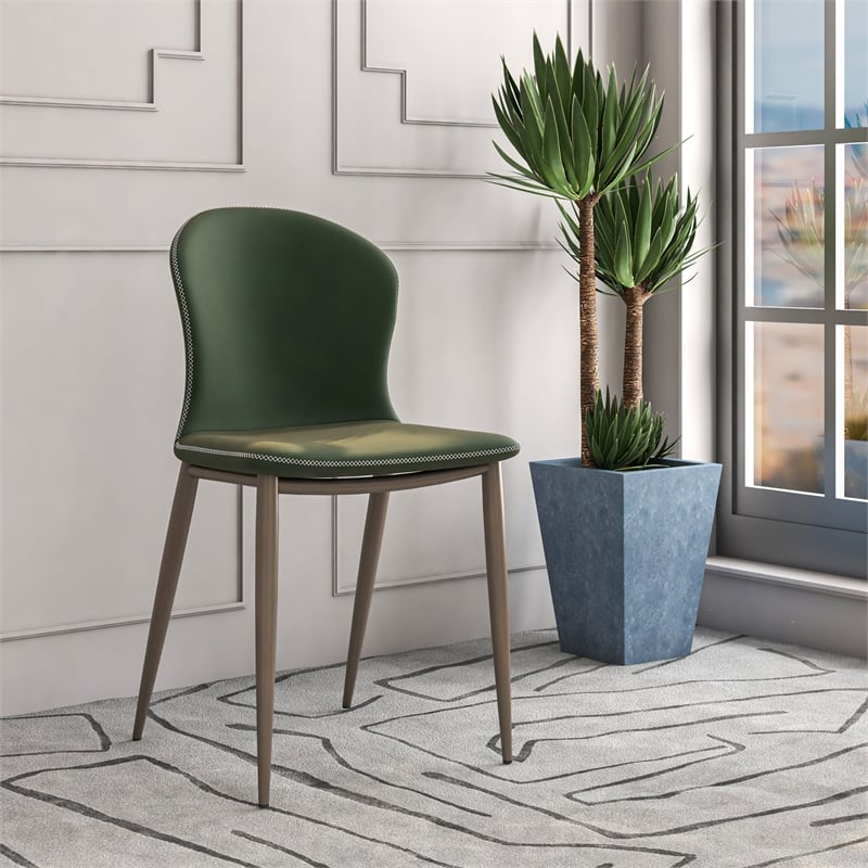 LeisureMod Mosaic Upholstered Fabric Dining Chair with Metal Legs in Olive Green