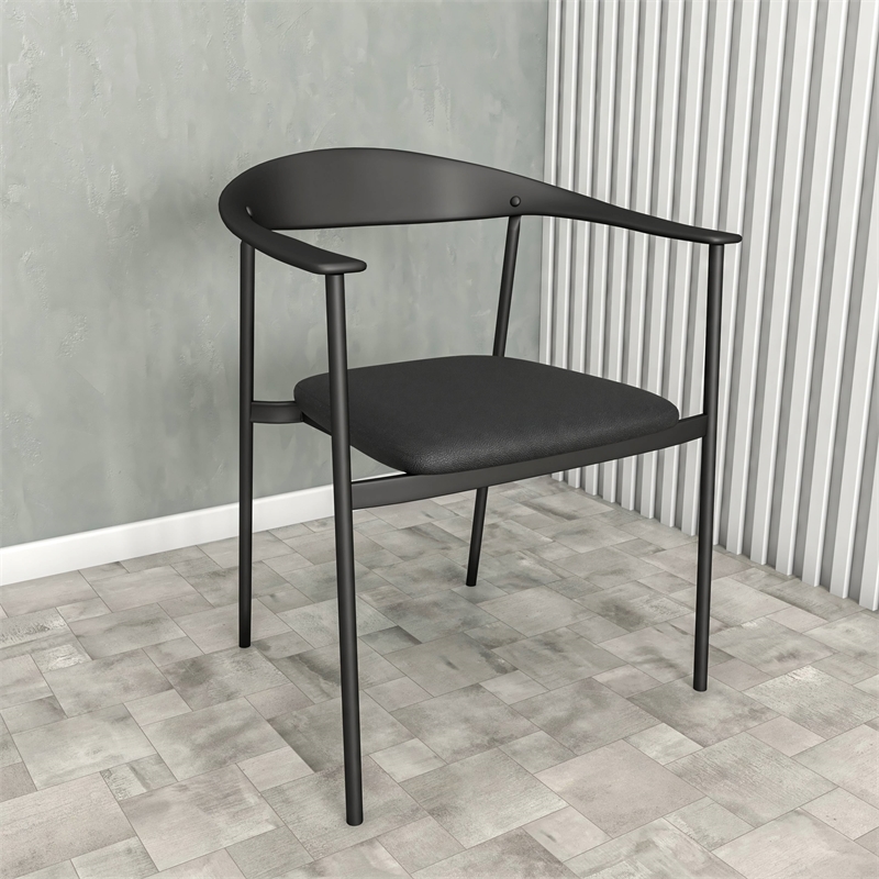 LeisureMod Kora Dining Arm Chair in Faux Leather with Steel Legs in Black