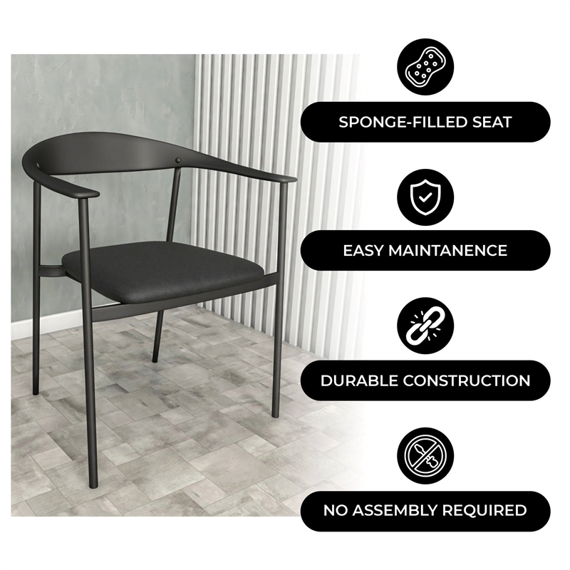 LeisureMod Kora Dining Arm Chair in Faux Leather with Steel Legs in Black