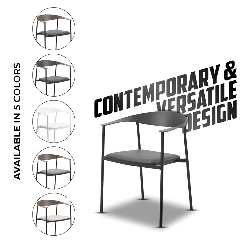 LeisureMod Kora Dining Arm Chair in Faux Leather with Steel Legs in Black