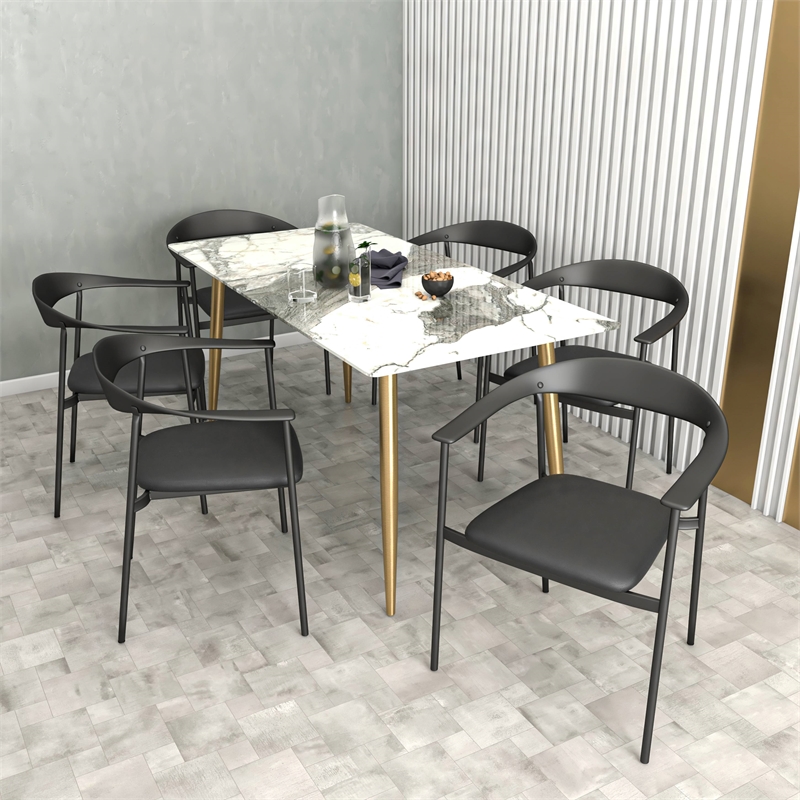 LeisureMod Kora Dining Arm Chair in Faux Leather with Steel Legs in Black
