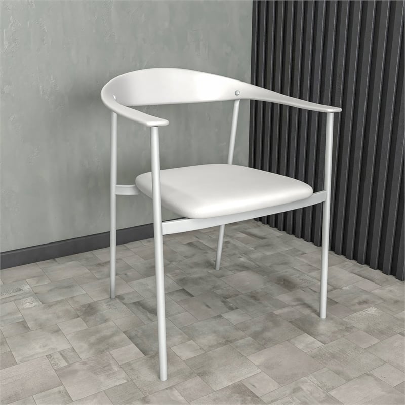 LeisureMod Kora Dining Arm Chair in Faux Leather with Steel Legs in White