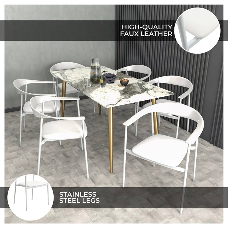 LeisureMod Kora Dining Arm Chair in Faux Leather with Steel Legs in White