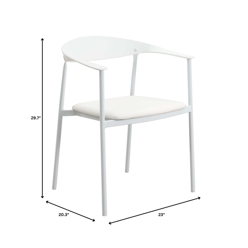 LeisureMod Kora Dining Arm Chair in Faux Leather with Steel Legs in White
