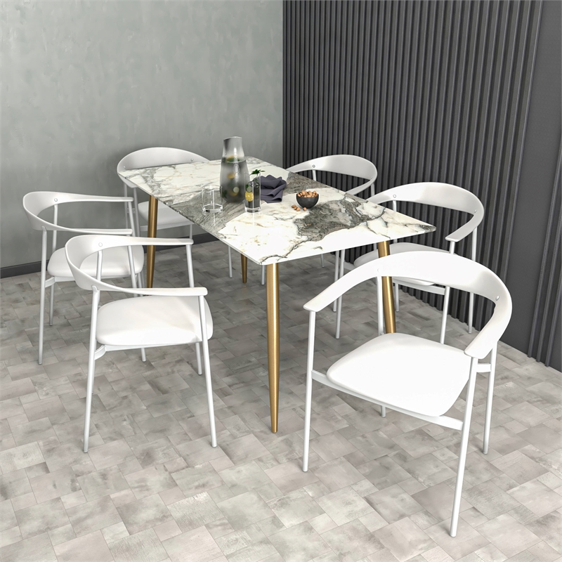 LeisureMod Kora Dining Arm Chair in Faux Leather with Steel Legs in White