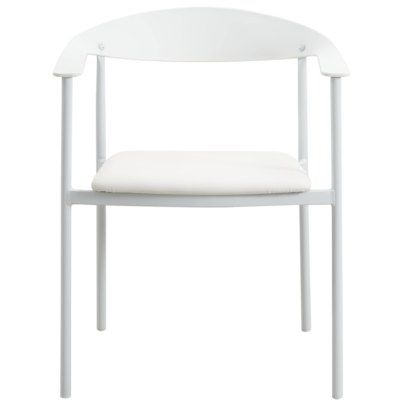 LeisureMod Kora Dining Arm Chair in Faux Leather with Steel Legs in White