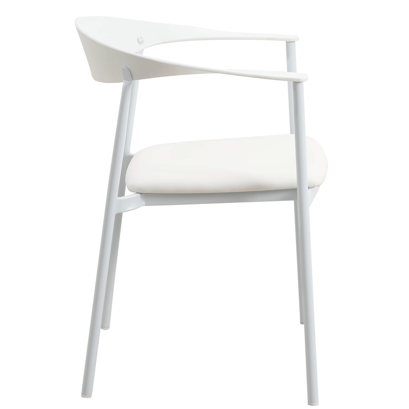 LeisureMod Kora Dining Arm Chair in Faux Leather with Steel Legs in White