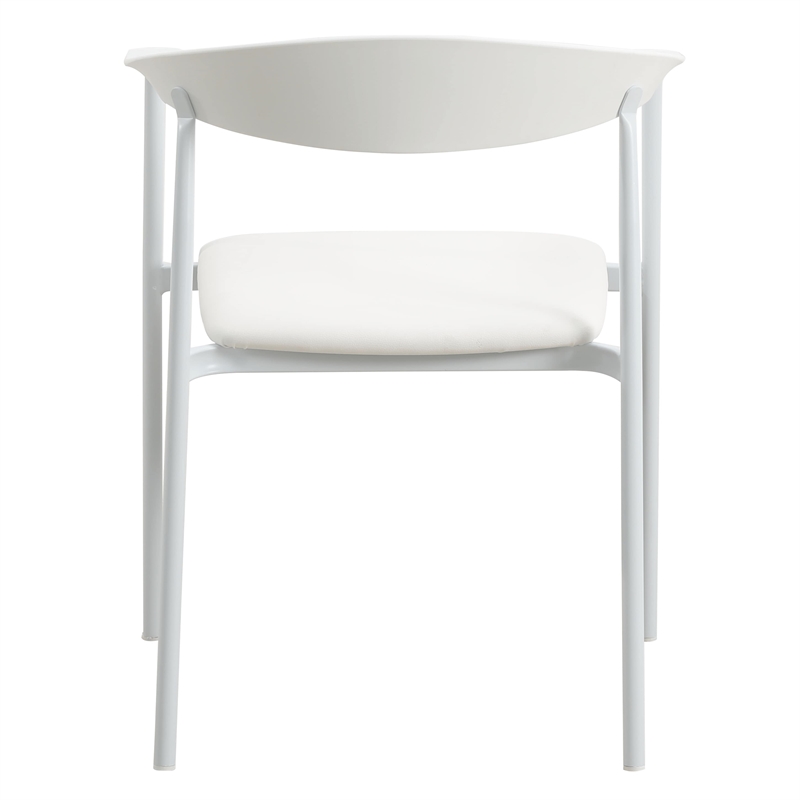 LeisureMod Kora Dining Arm Chair in Faux Leather with Steel Legs in White