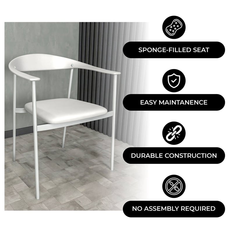 LeisureMod Kora Dining Arm Chair in Faux Leather with Steel Legs in White