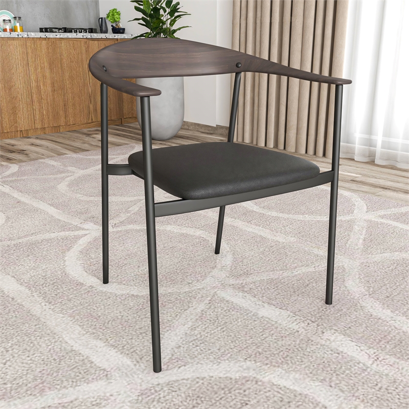 LeisureMod Kora Dining Arm Chair in Faux Leather with Steel Legs in Brown/Black