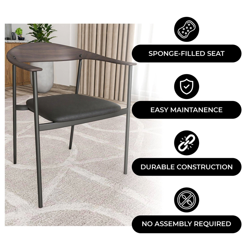 LeisureMod Kora Dining Arm Chair in Faux Leather with Steel Legs in Brown/Black