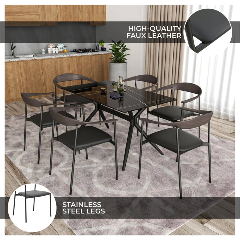 LeisureMod Kora Dining Arm Chair in Faux Leather with Steel Legs in Brown/Black