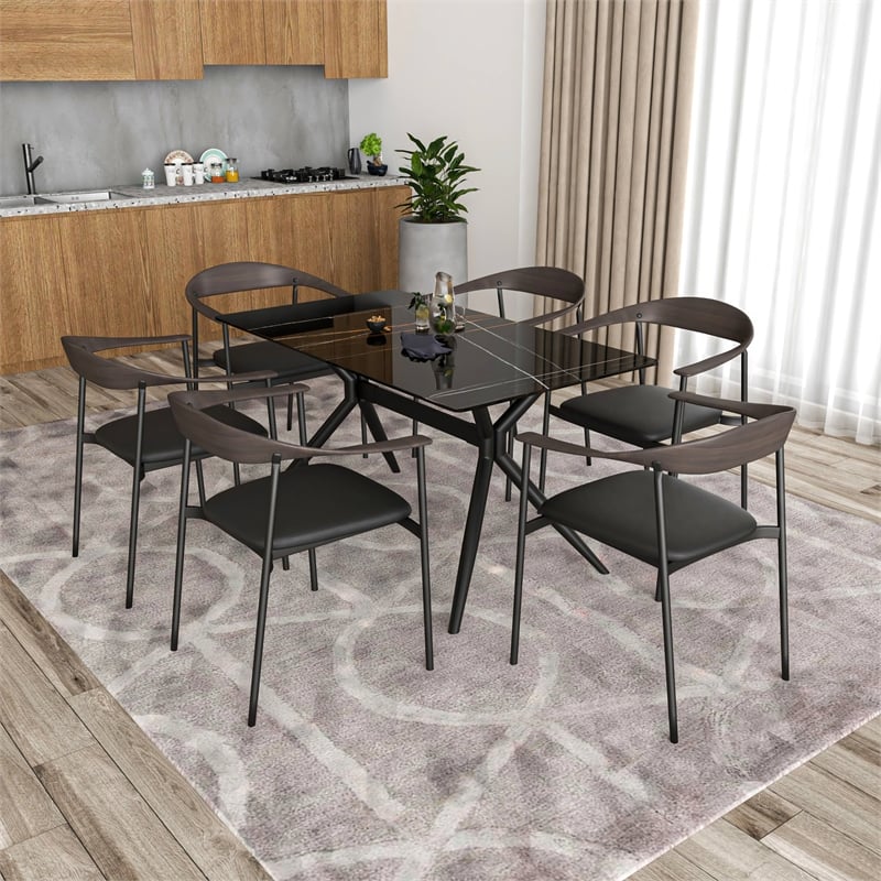 LeisureMod Kora Dining Arm Chair in Faux Leather with Steel Legs in Brown/Black
