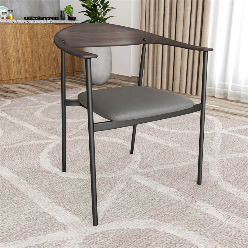 LeisureMod Kora Dining Arm Chair in Faux Leather with Steel Legs in Charcoal