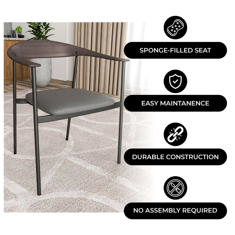 LeisureMod Kora Dining Arm Chair in Faux Leather with Steel Legs in Charcoal