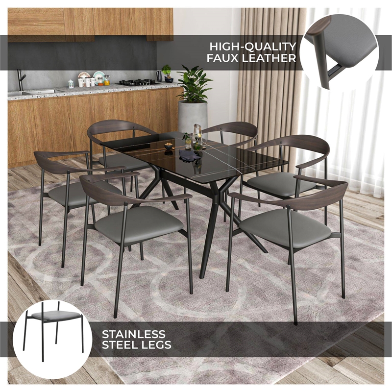 LeisureMod Kora Dining Arm Chair in Faux Leather with Steel Legs in Charcoal