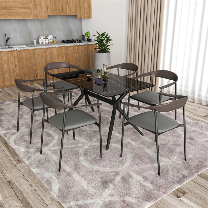 LeisureMod Kora Dining Arm Chair in Faux Leather with Steel Legs in Charcoal