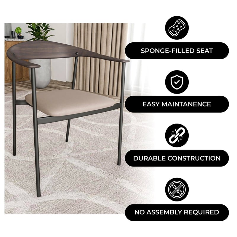 LeisureMod Kora Dining Arm Chair in Faux Leather with Steel Legs in Taupe