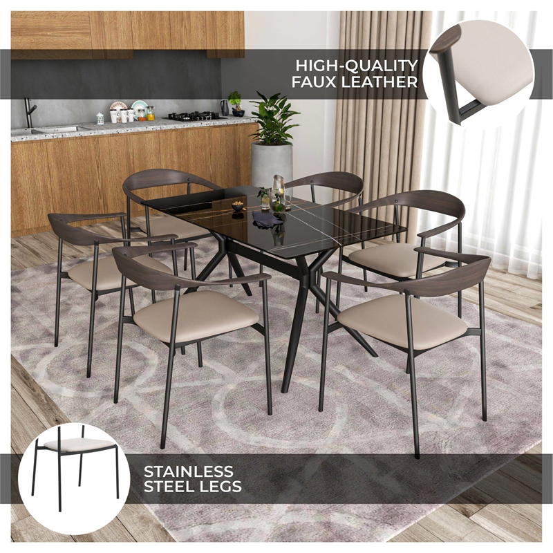 LeisureMod Kora Dining Arm Chair in Faux Leather with Steel Legs in Taupe