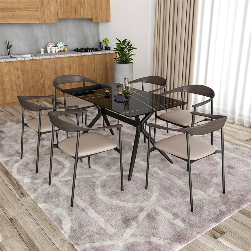 LeisureMod Kora Dining Arm Chair in Faux Leather with Steel Legs in Taupe