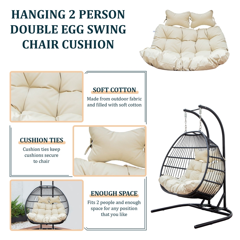 LeisureMod 2 Person Modern Upholstered Hanging Egg Swing Cushion in Beige