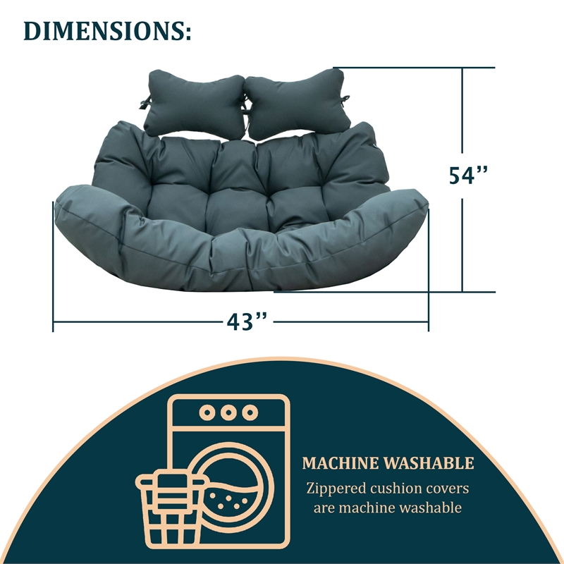 LeisureMod 2 Person Modern Upholstered Hanging Egg Swing Cushion in Charcoal