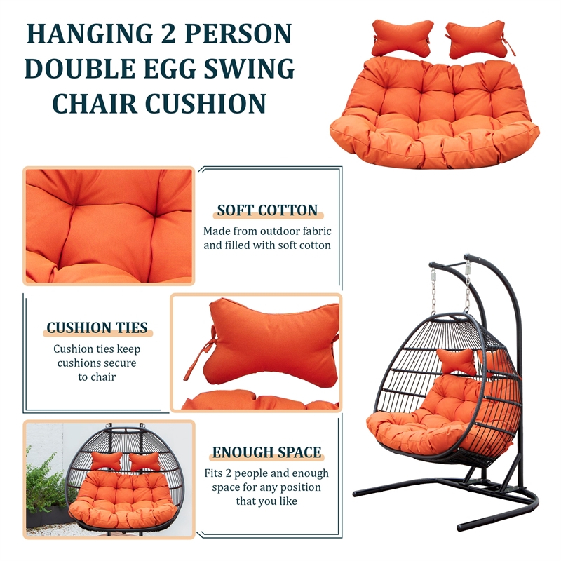 LeisureMod 2 Person Modern Upholstered Hanging Egg Swing Cushion in Orange