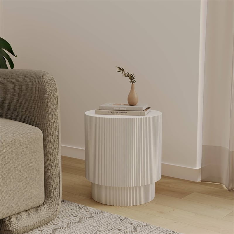 LeisureMod Fiberstone Side Table Round Accent End Table Eden Series in White
