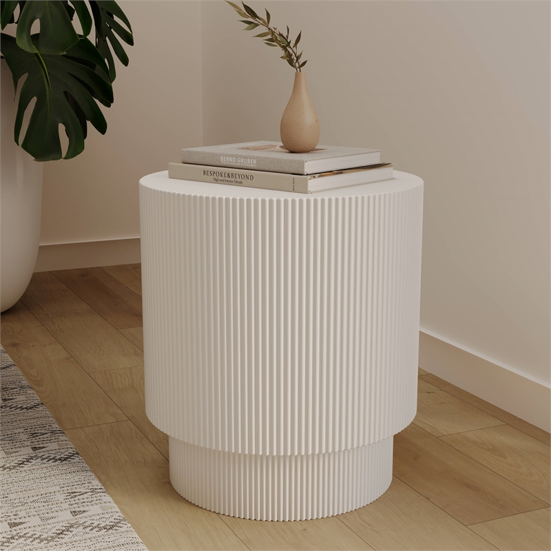 LeisureMod Fiberstone Side Table Round Accent End Table Eden Series in White