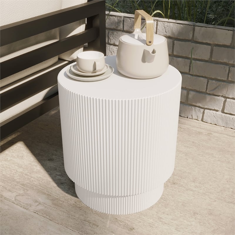 LeisureMod Fiberstone Side Table Round Accent End Table Eden Series in White