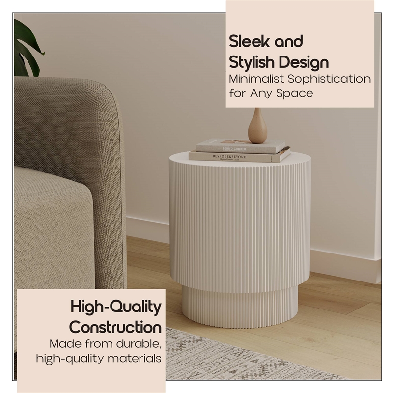 LeisureMod Fiberstone Side Table Round Accent End Table Eden Series in White