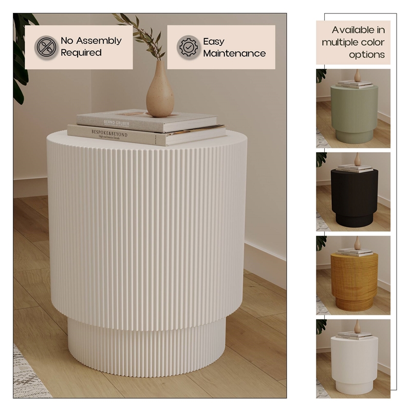 LeisureMod Fiberstone Side Table Round Accent End Table Eden Series in White