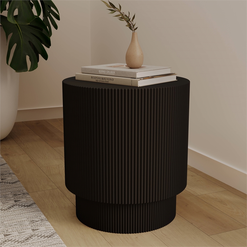 LeisureMod Fiberstone Side Table Round Accent End Table Eden Series in Black