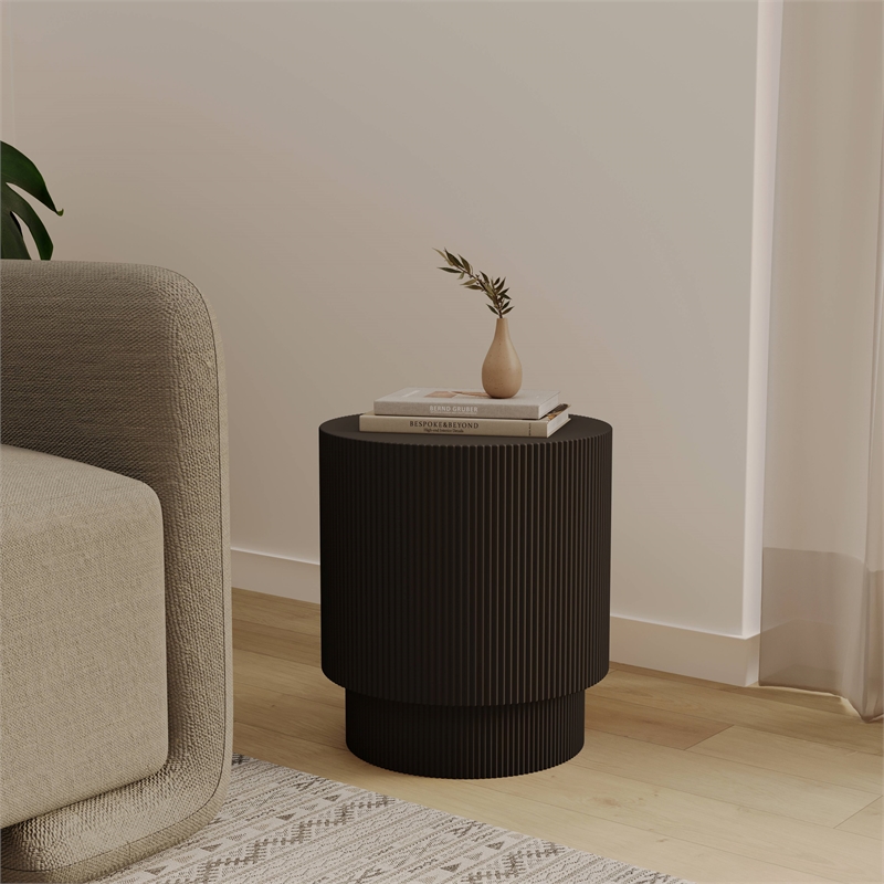 LeisureMod Fiberstone Side Table Round Accent End Table Eden Series in Black