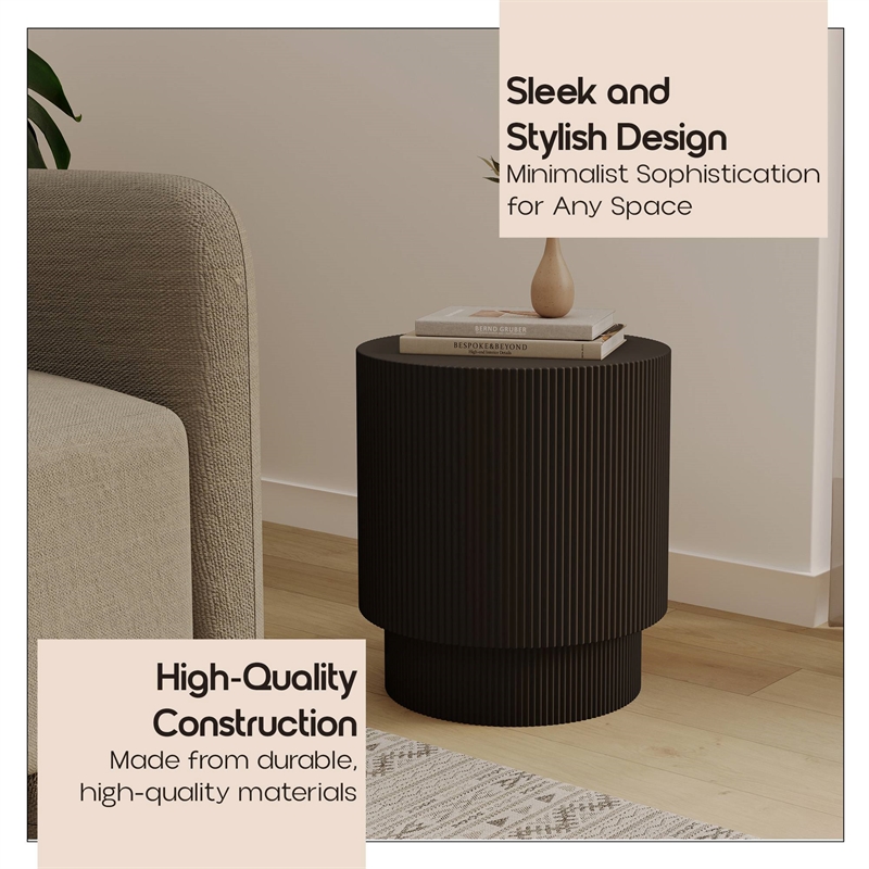 LeisureMod Fiberstone Side Table Round Accent End Table Eden Series in Black