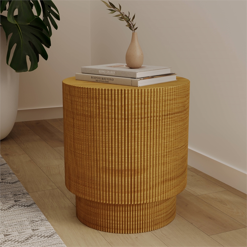 LeisureMod Fiberstone Side Table Round Accent End Table Eden Series in Brown