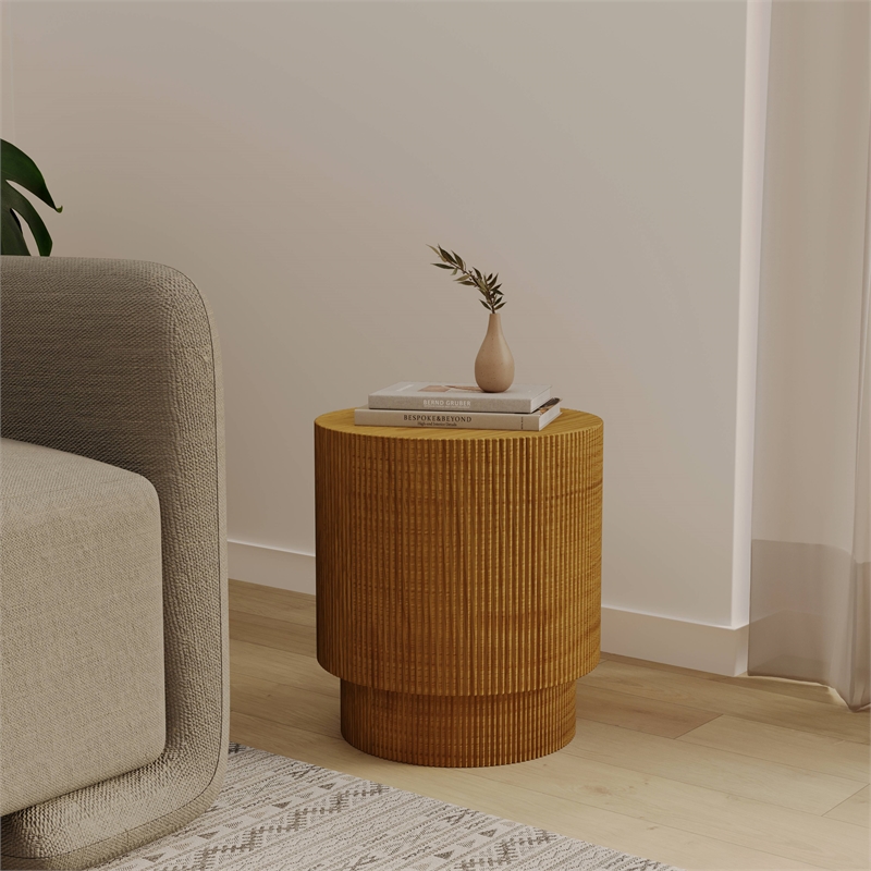 LeisureMod Fiberstone Side Table Round Accent End Table Eden Series in Brown