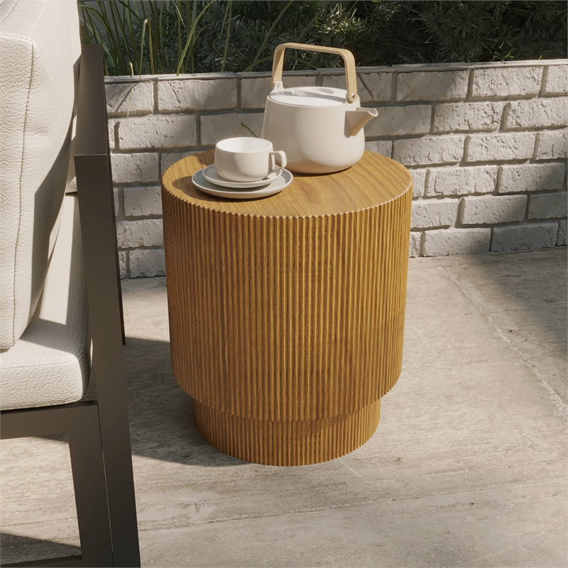 LeisureMod Fiberstone Side Table Round Accent End Table Eden Series in Brown