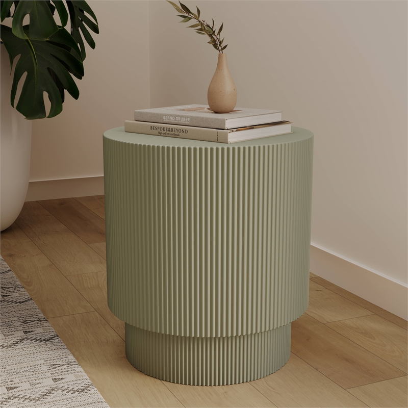 LeisureMod Fiberstone Side Table Round Accent End Table Eden Series in Green