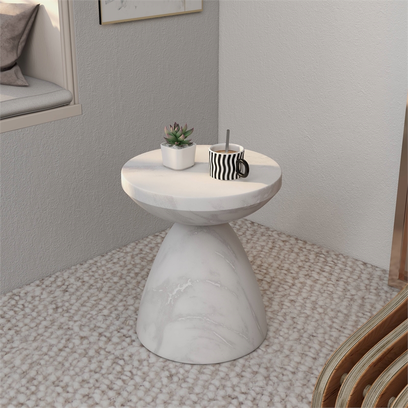 LeisureMod Fiberstone Side Table Round End Table Dune Series in Marble White
