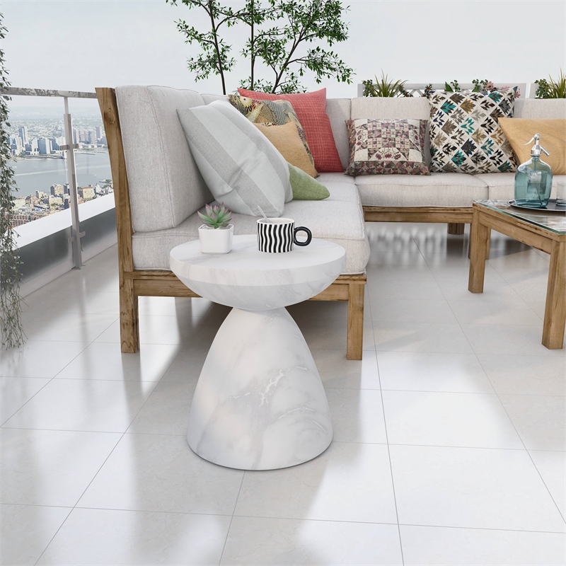 LeisureMod Fiberstone Side Table Round End Table Dune Series in Marble White