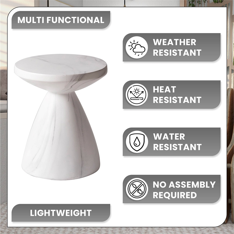 LeisureMod Fiberstone Side Table Round End Table Dune Series in Marble White